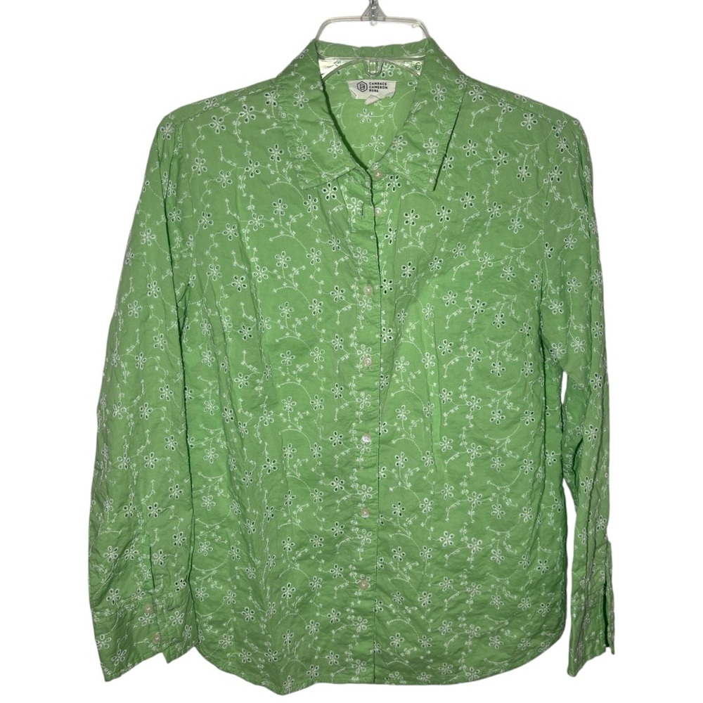 Candace‎ Cameron Bure Eyelet Embroidered Green Button Down XSP Petite Cotton Top